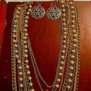 Faux Pearls & Chain Statement Necklace, 10 Multiple Chains, Goldtone, Rope, Pear